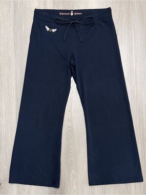 Twisted Heart Navy Blue Gold White Rhinestone Angel Wings Wide Leg Knit Pants XL